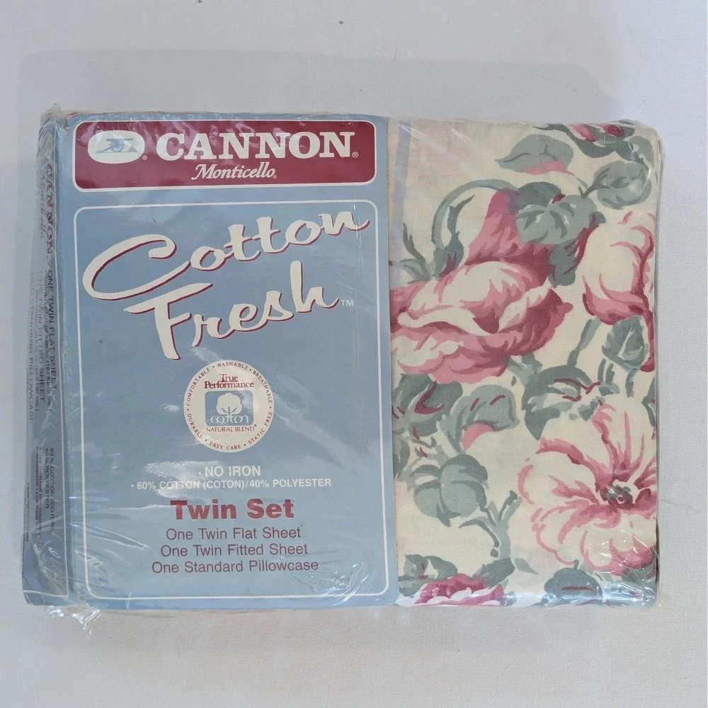 VTG Cannon Monticello Madeline 3 Pc Twin Sheet Set Cottage Floral Blue Stripe
